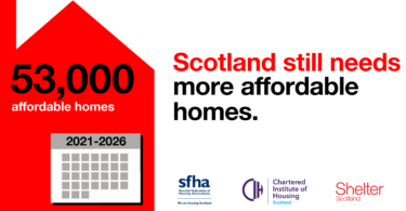Red house with '53,000 affordable homes' and a 2021-2026 calendar on it. Scotland still needs more affordable homes. SFHA, CIH Scotland and Shelter Scotland logos.