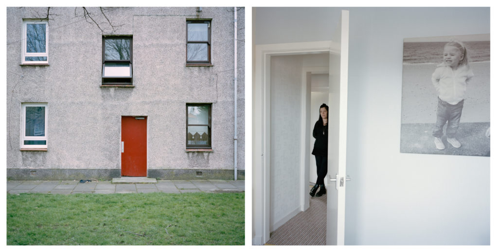 Two images. One of a residential building with a red door and grass in front. Another of Lydnsey standing in an internal doorway with a picture of her daughter in the foreground. 
